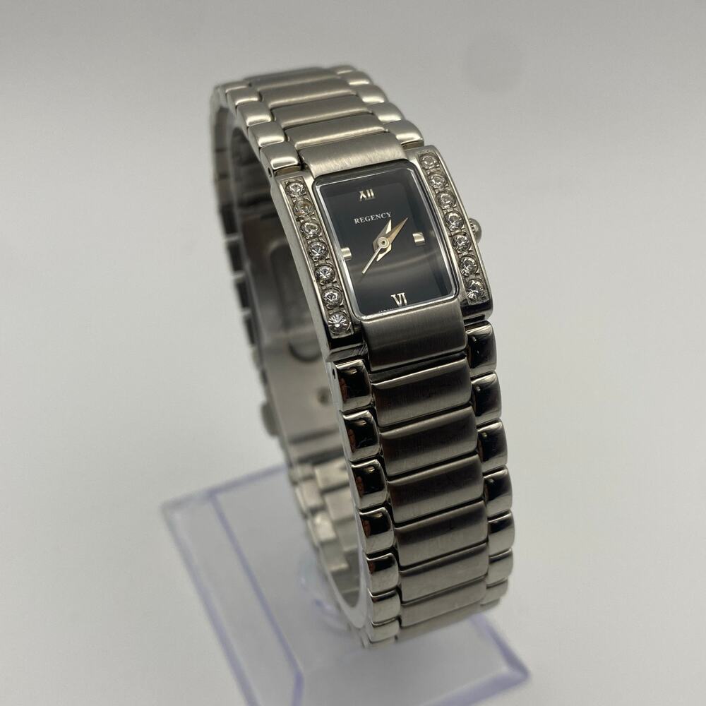Regency Silver Tone Black Dial Crystal Bezel Women's Watch Working - Picture 2 of 7